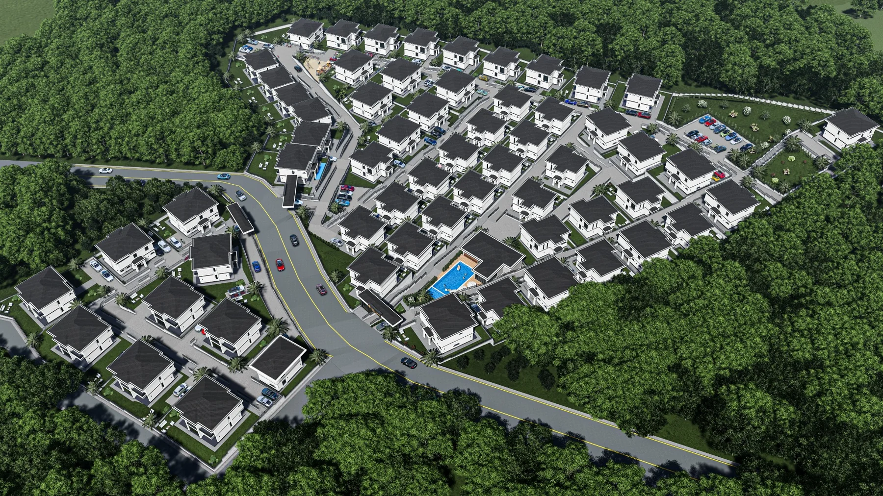 Overall site view with social area and pool